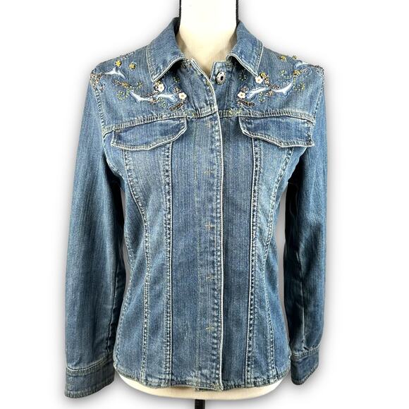 Brandon Thomas Womens Jean Denim Trucker Jacket Embellished Floral Size Small - Picture 1 of 8